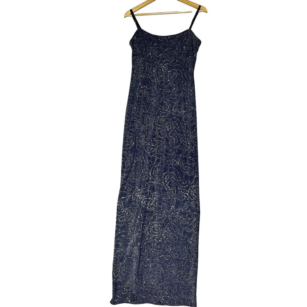 VTG Jump Glitter Maxi Sheath Dress Gown 7/8 Blue Metallic Sparkle Party 90s Y2K